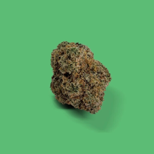 A single CAR CRASH STRAIN UK cannabis bud, dense with green and orange hues, set on a plain green background—ideal for UK connoisseurs seeking premium cannabis strains.
